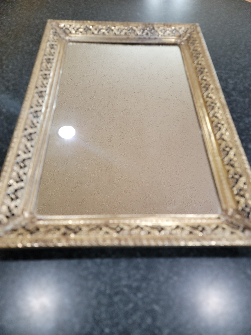 Vintage gold-tone metal filigree mirrored vanity tray